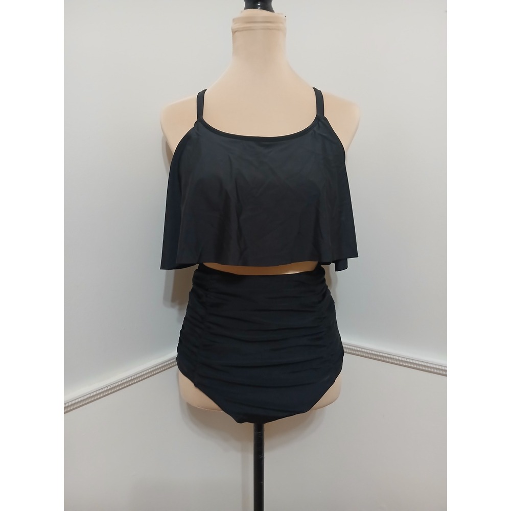 Shapermint Essentials Black Ruffle Bikini Top High Waisted Bottom Set XL NEW